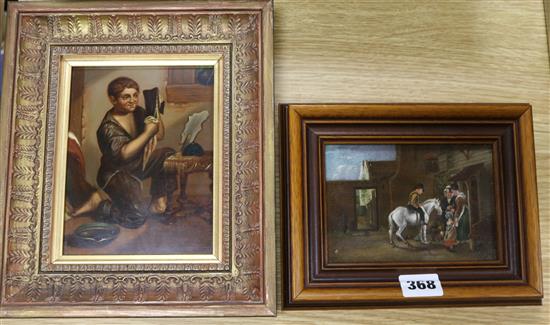 19th century English School A Craftsman and an oil on board, scene outside a tavern largest 6 x 5in.